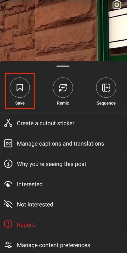 Screenshot of how to save Reel on Instagram