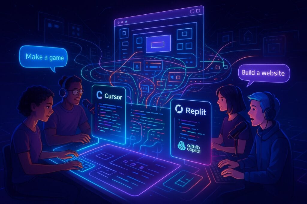 Futuristic coding session with humans and AI together using tools like Cursor and Replit