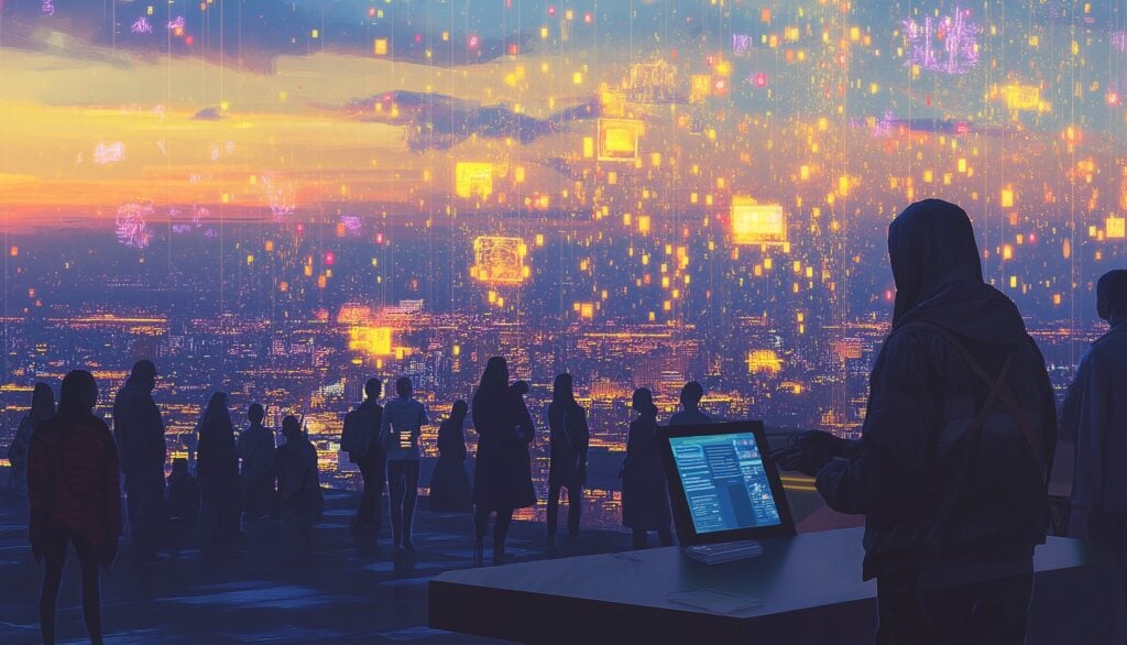 a concept art of vibe coding in a large digitize city