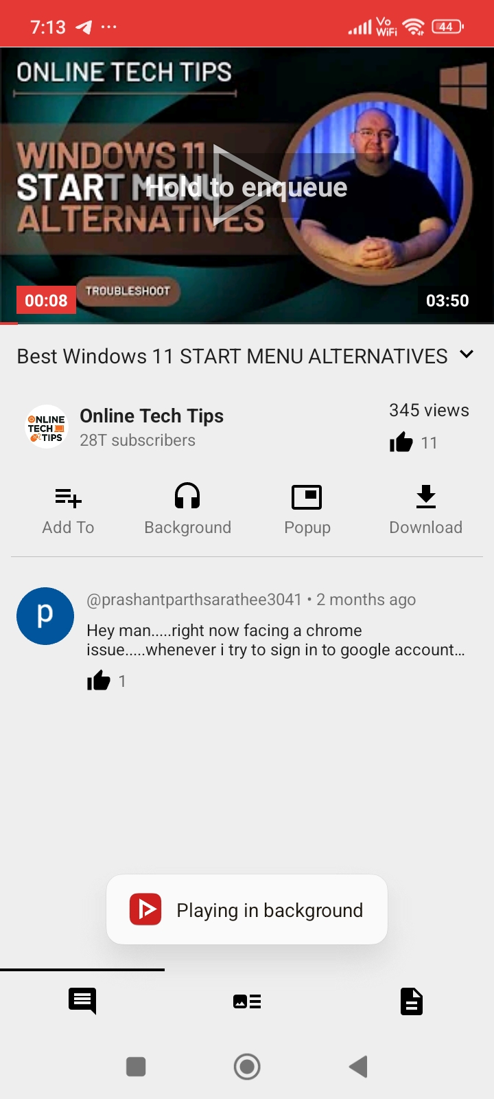 Video playing in the background through NewPipe