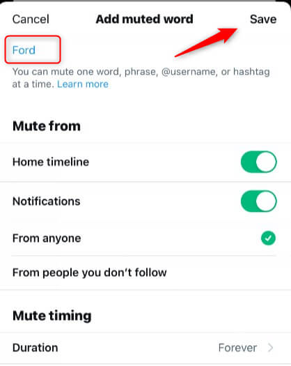 creating the muted word and setting options for it