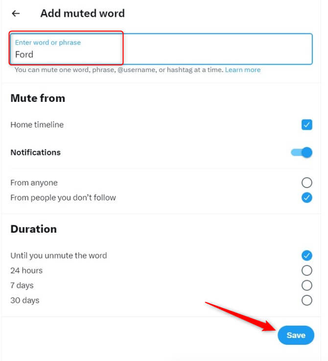 choosing a muted word and options for muting it