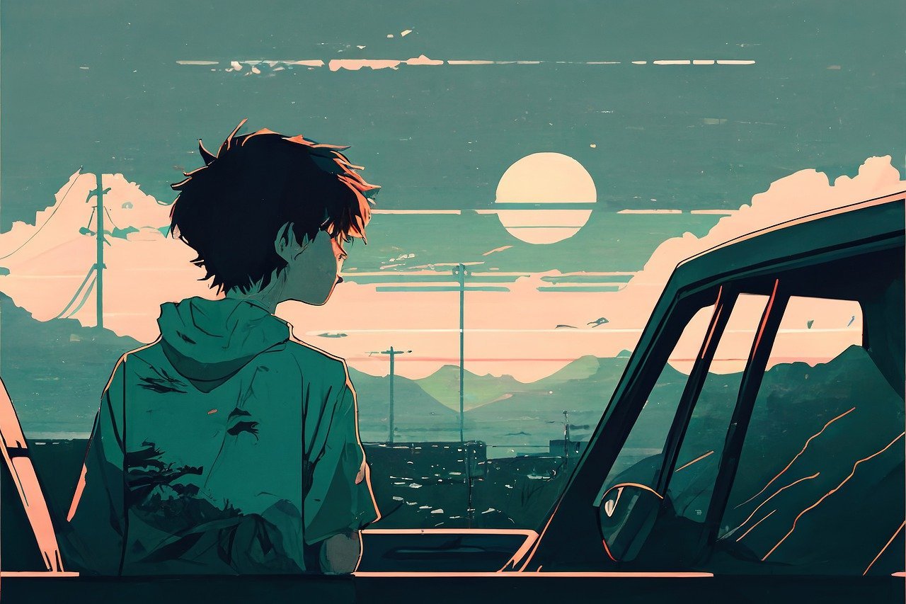 A boy sits in a car, gazing at a sunset over a distant town and hills