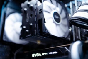 Computer CPU cooling fan close-up.