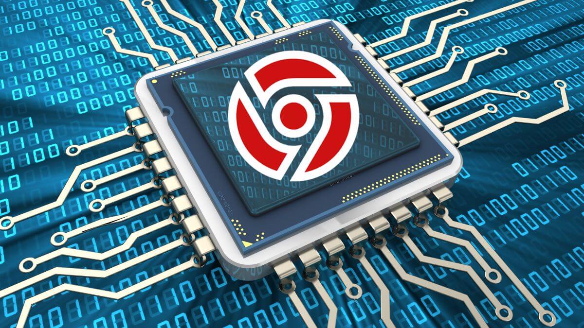 A microchip displays a logo, connecting to circuitry on a binary code background