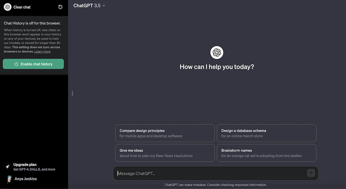 A ChatGPT interface displays a message indicating chat history is off; options for enabling history and initiating a new chat are present