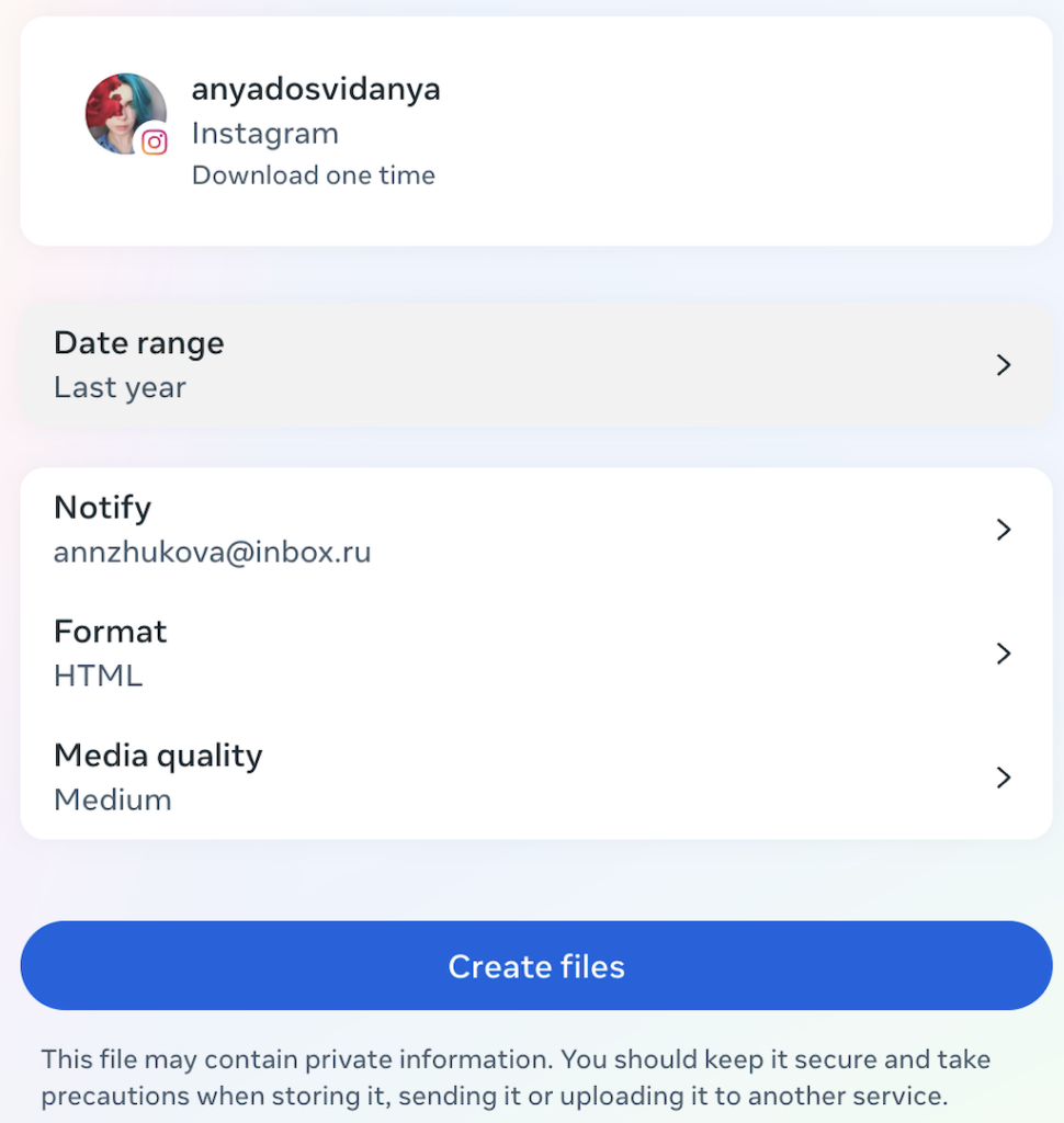 Screenshot of download file settings on Instagram