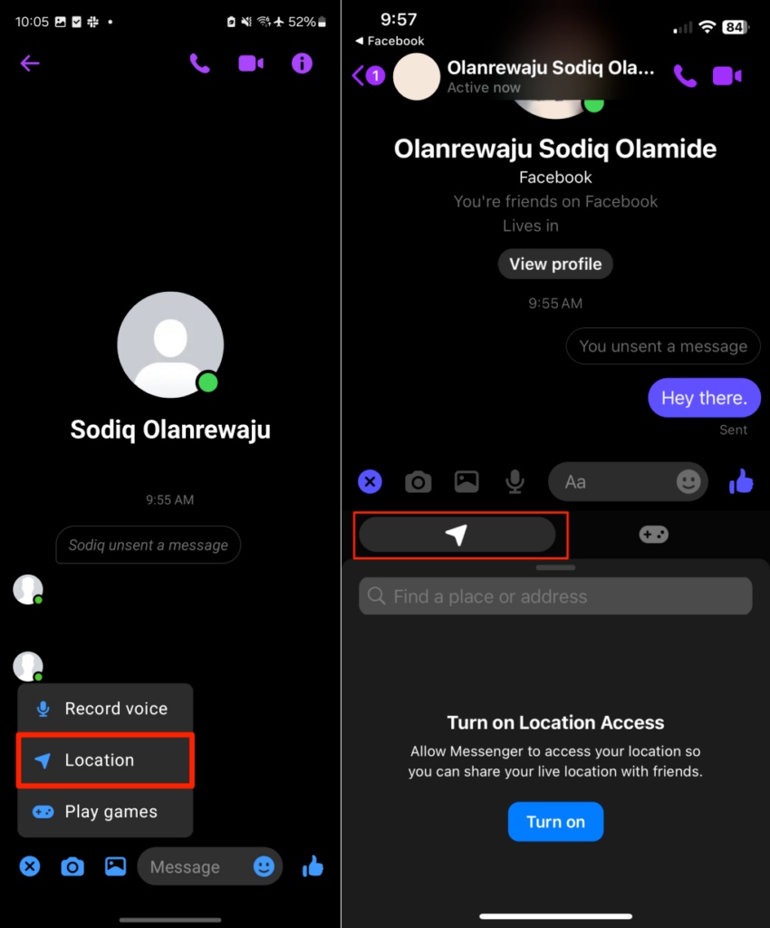 Steps to turn on location sharing in Facebook Messenger