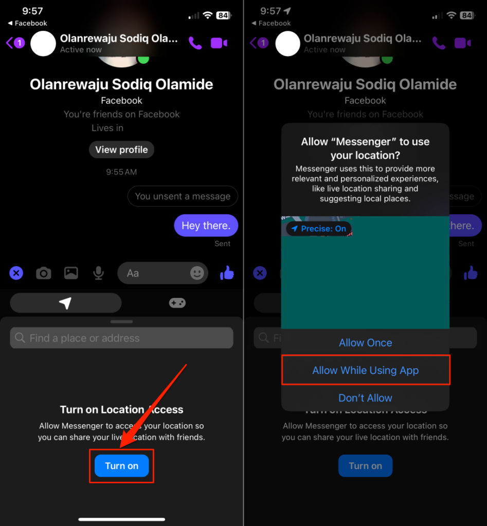 Steps to grant Facemook Messenger location permission on an iPhone