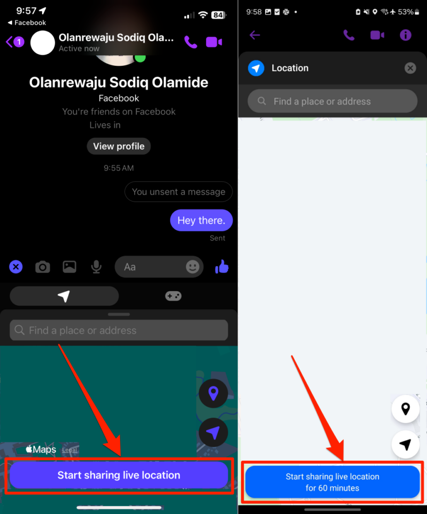 Steps to share live location in Facebook Messenger