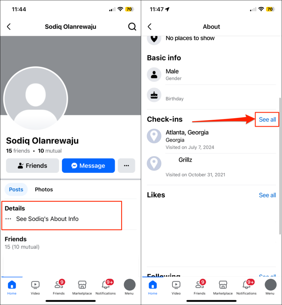 Steps to check someone's check-ins on Facebook