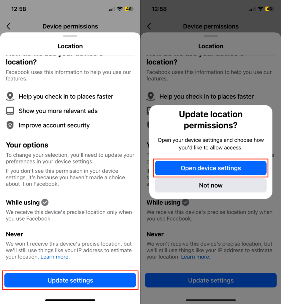 Steps to change Facebook location permissions on iPhone