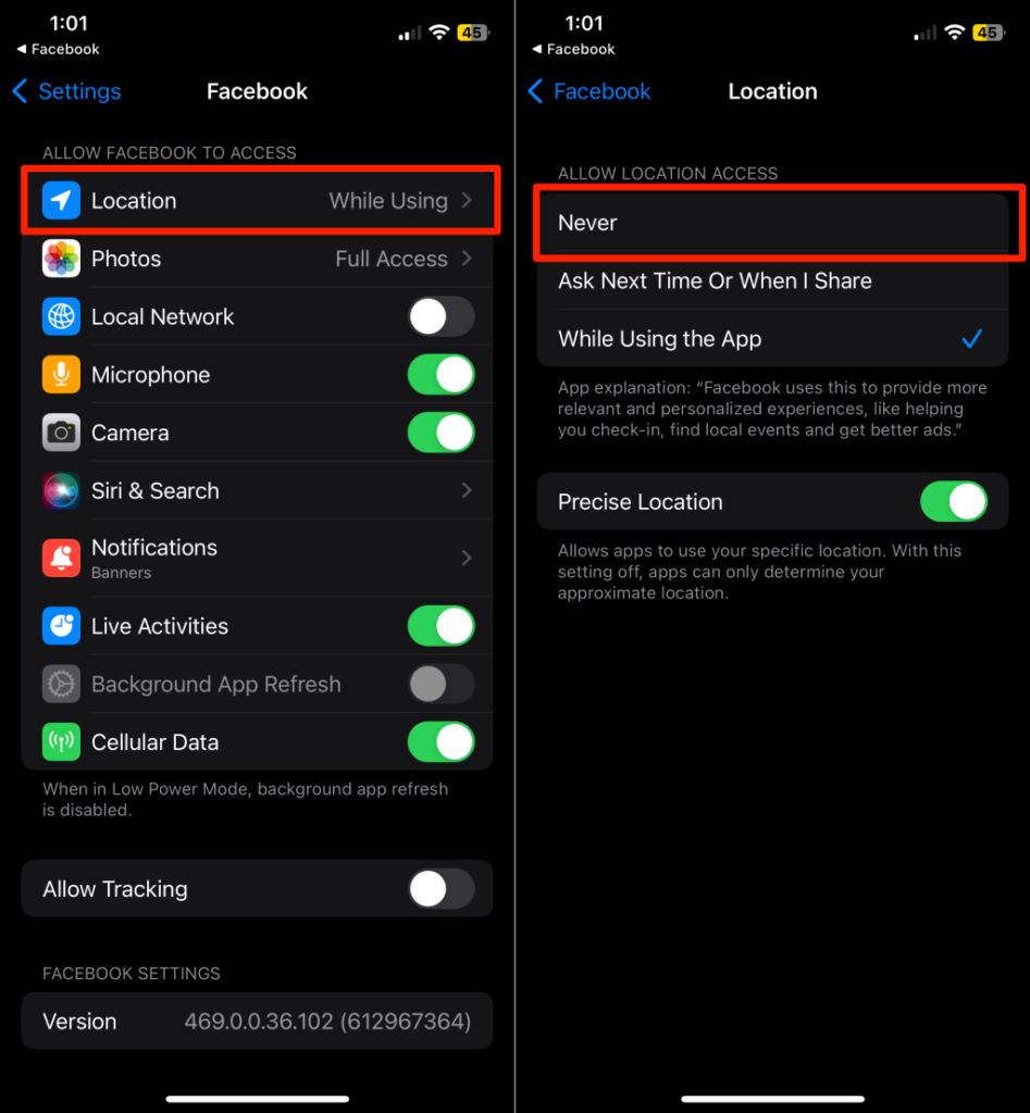 Steps to turn off location permission for Facebook on iPhone