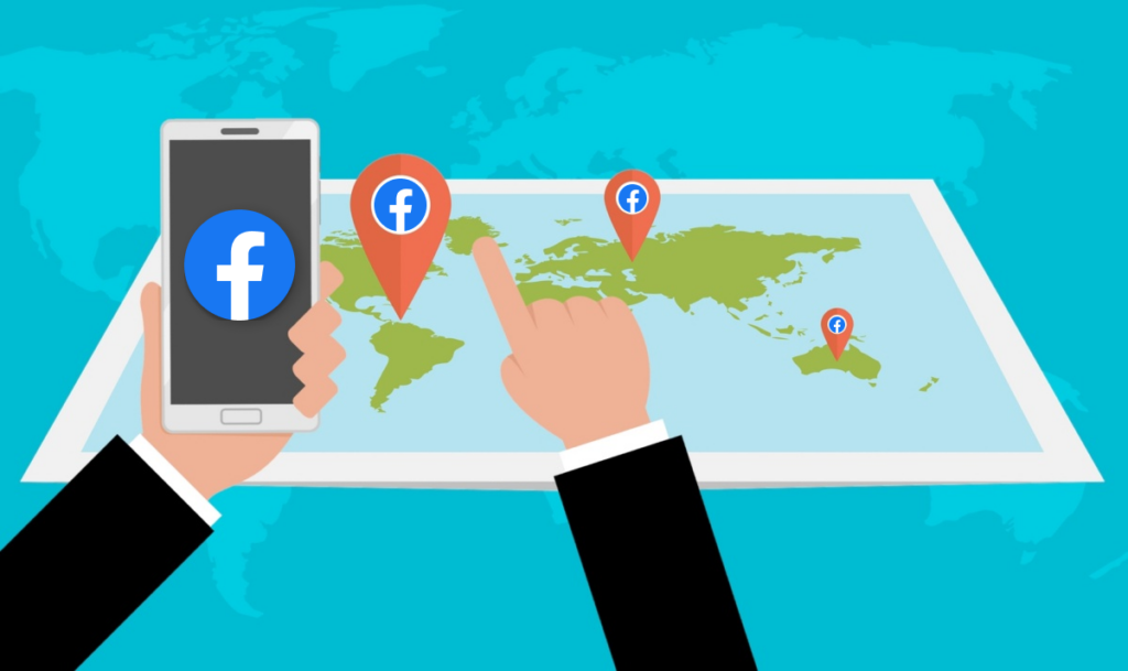 facebook-location-featured - Online Tech Tips An illustration showing two hands holding a smartphone with the Facebook logo on-screen; a map with Facebook location pins sits in the background.