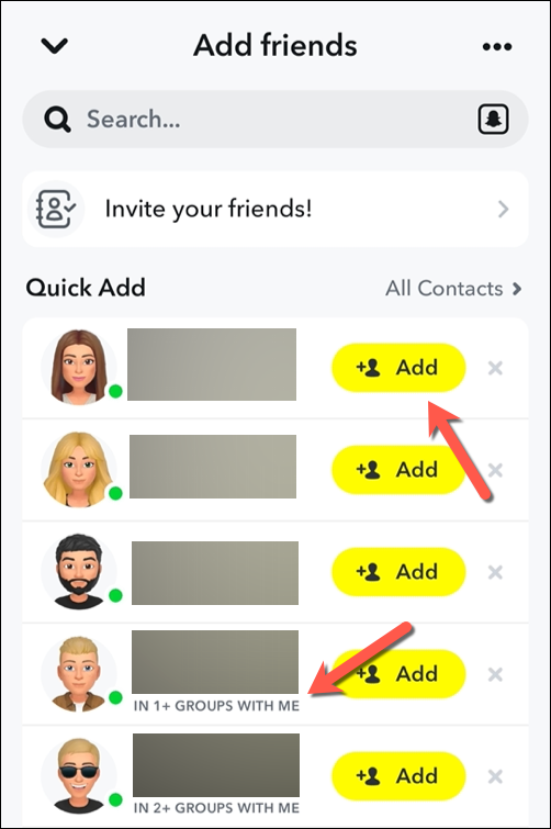 Adding a user on Snapchat to your friends list via the Quick Add menu