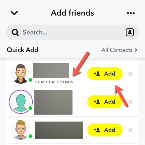 Adding a user on Snapchat to your friends list via the Quick Add menu
