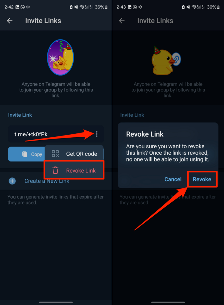 Steps to revoke group link in the Telegram Android app