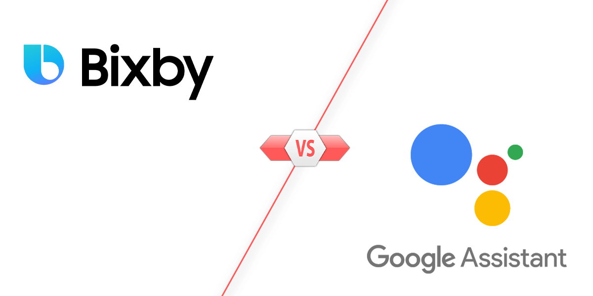 Two digital assistants, Bixby and Google Assistant, are compared; a red "VS" separates them on a white background
