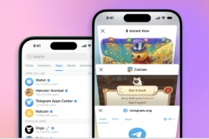 Illustration showing Telegram's new mini app store (left) and in-app browser (right)