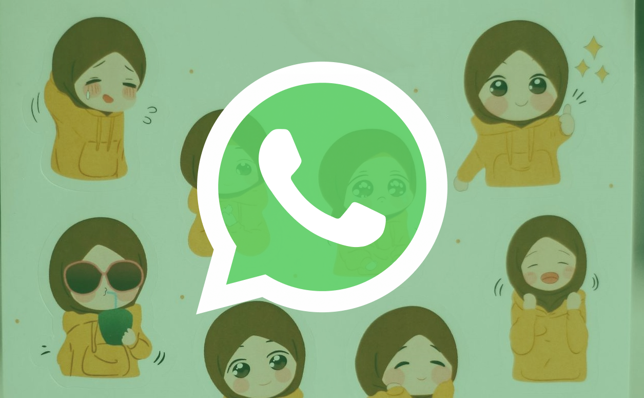 WhatsApp logo overlaid on cartoon styled stickers